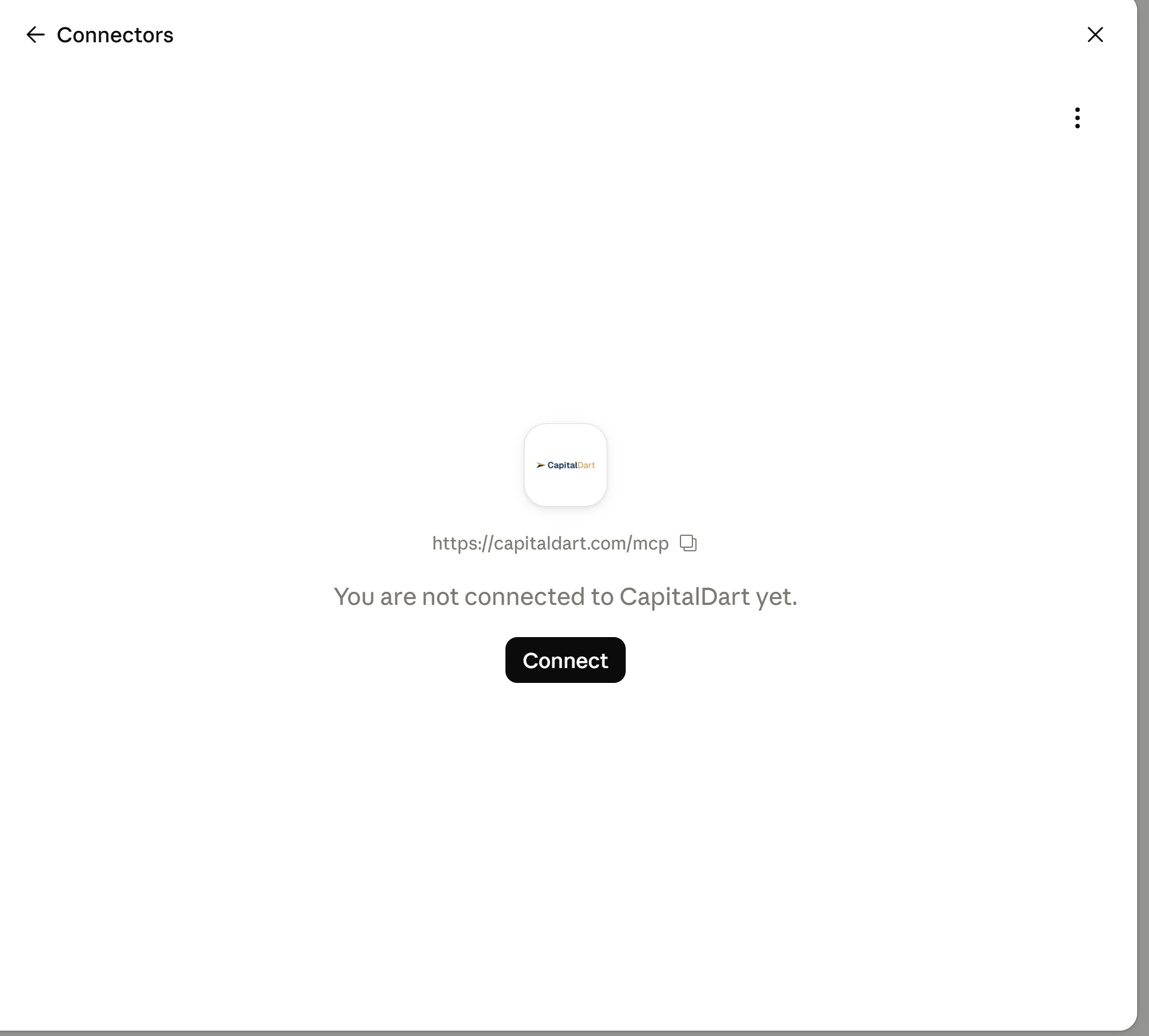 Claude Connectors screen showing the CapitalDart custom connector with the https://capitaldart.com/mcp URL and a Connect button.