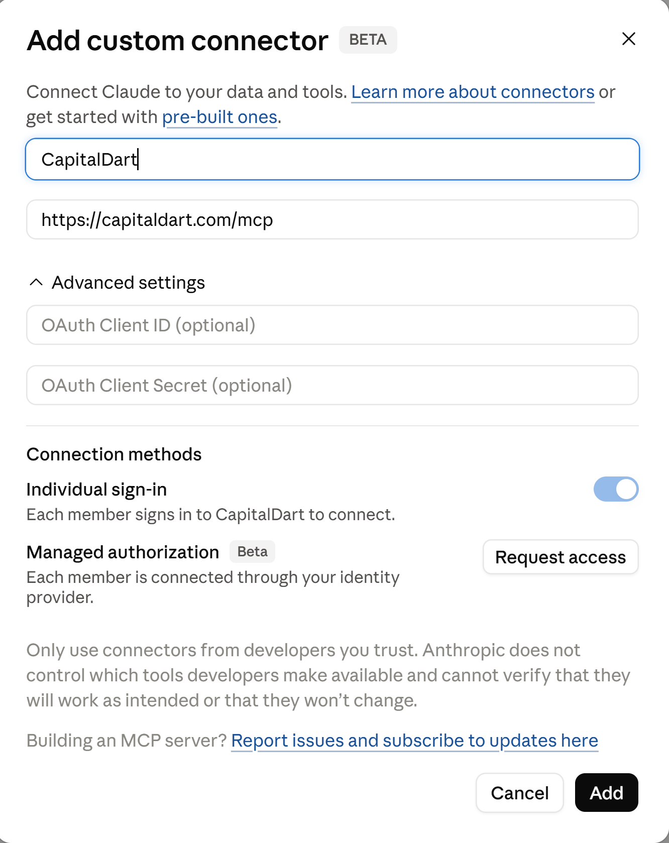 Add custom connector dialog with CapitalDart name and MCP link filled in.