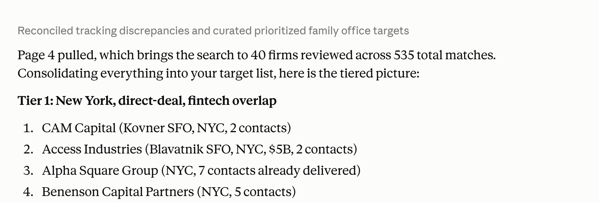 Ranked investor matches for a fintech raise showing the top four firms